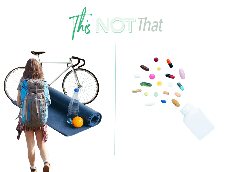 Graphic comparing various exercise methods to a supplement bottle